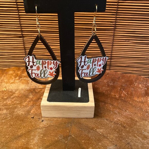 NWT Happy Fall Wooden Cut out Pierced Earrings - Picture 1 of 2